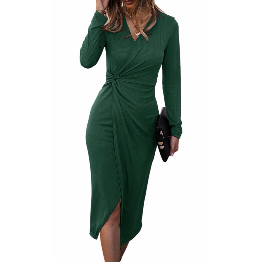 New Long Sleeve Midi V Neck Twist Waist Bodycon Ribbed Knit Midi Dress S